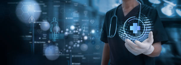 medical technology. doctor holding health icon with dna, electronic medical record. digital healthcare and research with global network connection on hologram virtual screen, insurance, digital health technology - 醫療 個照片及圖片檔