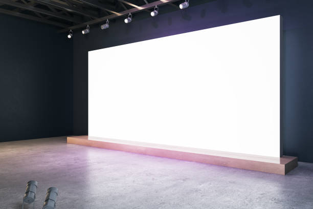 illuminated blank white billboard in interior with concrete flooring and mock up place for your advertisement. 3d rendering. - 數(shù)字展廳 個(gè)照片及圖片檔